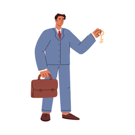 Agent immobilier masculin en costume et avec porte-documents tenant la clé  Illustration