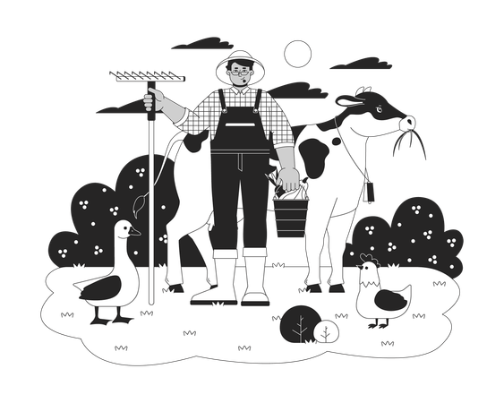 Homme arabe agriculteur avec râteau et animaux  Illustration