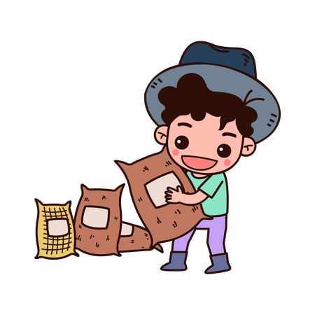 Chapeau de paille d'agriculteur transportant un sac en toile  Illustration