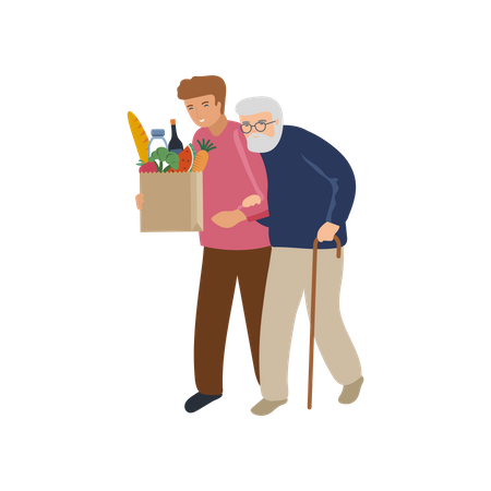 Homme aidant un vieil homme avec un sac d'épicerie  Illustration
