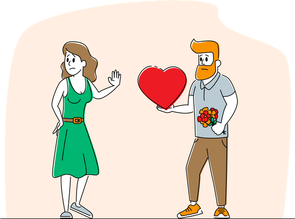 Homme aimant donnant du cœur à une femme rejetant ses sentiments en disant non  Illustration
