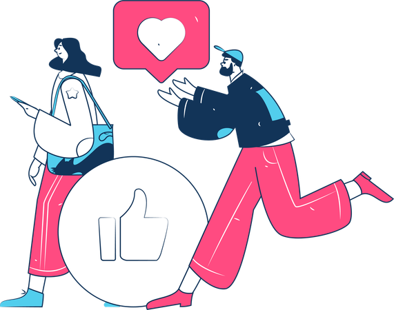 Un homme qui aime une femme sur les réseaux sociaux  Illustration