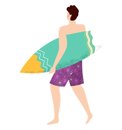 Homme va surfer avec planche de surf  Illustration