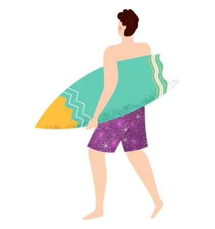 Homme va surfer avec planche de surf  Illustration