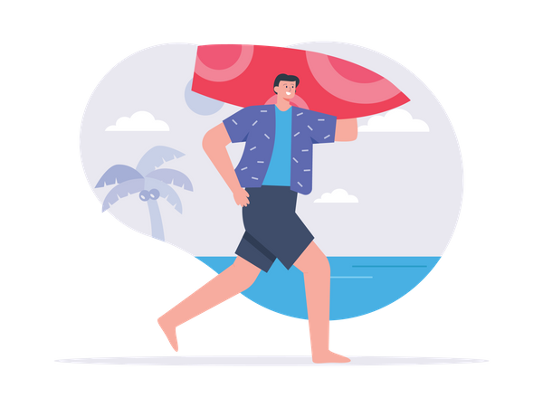 Homme va surfer avec planche de surf  Illustration