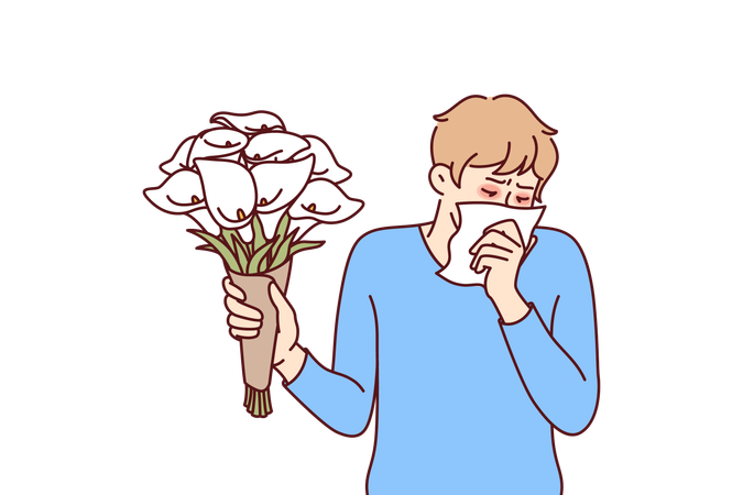 Homme allergique tenant un bouquet de fleurs et utilisant un mouchoir souffrant de pollen  Illustration