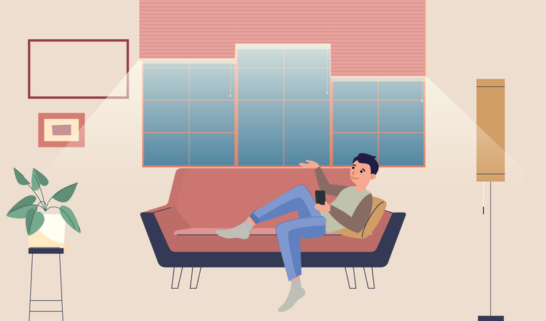 Homme allongé sur un canapé tout en utilisant Mobile  Illustration