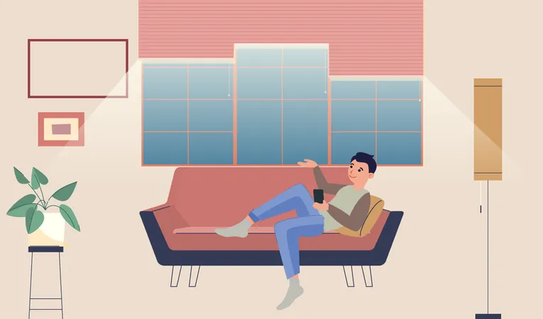 Homme allongé sur un canapé tout en utilisant Mobile  Illustration