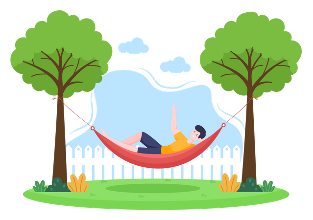 Homme allongé sur un hamac au parc et relaxant  Illustration