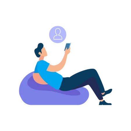 Homme allongé sur un pouf sélectionnant le contact pour un appel sur mobile  Illustration