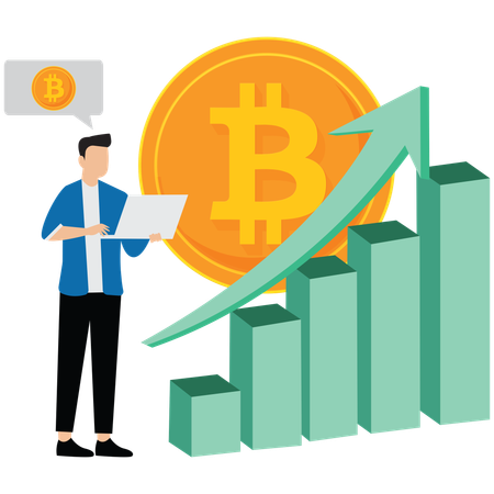 Un homme analyse le graphique de croissance du bitcoin  Illustration