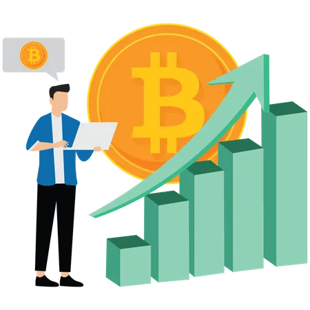 Un homme analyse le graphique de croissance du bitcoin  Illustration