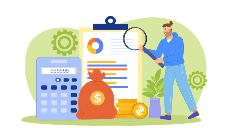 Homme analysant le rapport financier  Illustration