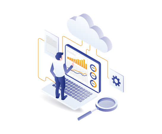 Homme analysant les données du serveur cloud  Illustration