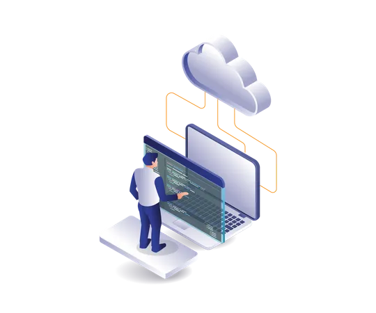 Homme analysant les données linguistiques du programme d'hébergement de serveur cloud  Illustration