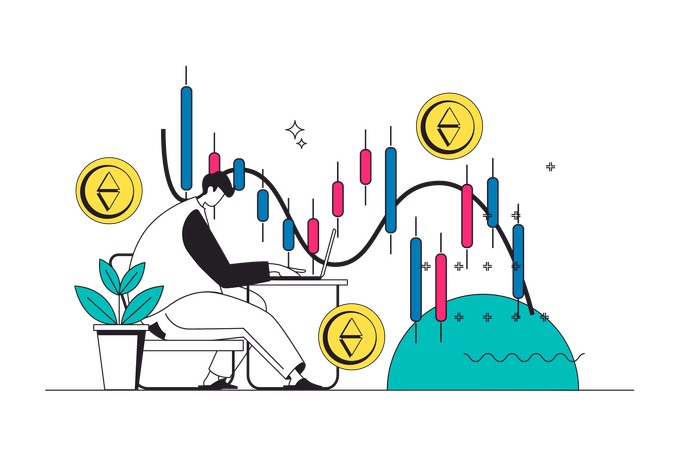 Homme analysant des graphiques de crypto-monnaie  Illustration