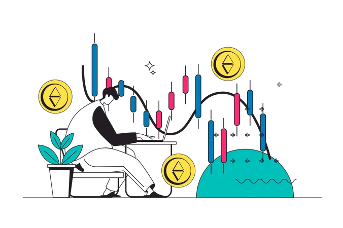 Homme analysant des graphiques de crypto-monnaie  Illustration