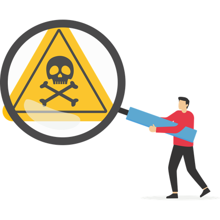 Homme analyste utilisant une loupe pour analyser le signe de danger  Illustration