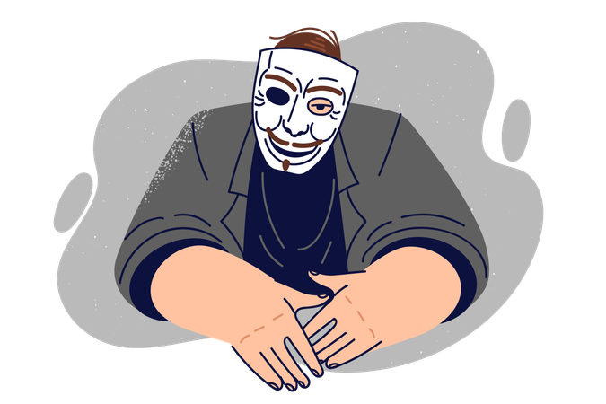 Un homme anonyme avec un masque sur le visage entraîné dans une activité criminelle  Illustration