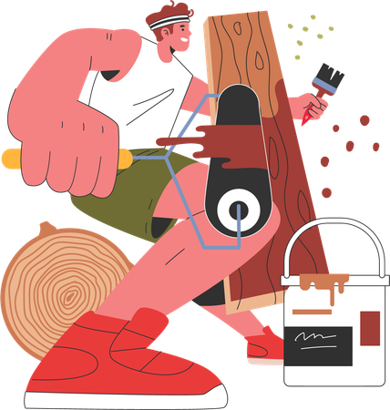 Homme appliquant un enduit de bois sur une planche de bois  Illustration
