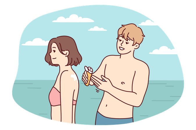 Homme appliquant une lotion solaire sur une fille  Illustration