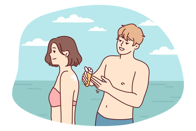 Homme appliquant une lotion solaire sur une fille  Illustration