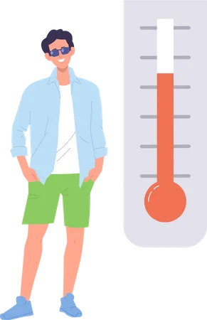 Jeune homme hipster bénéficiant d'un degré de température élevé montrant par un thermomètre  Illustration