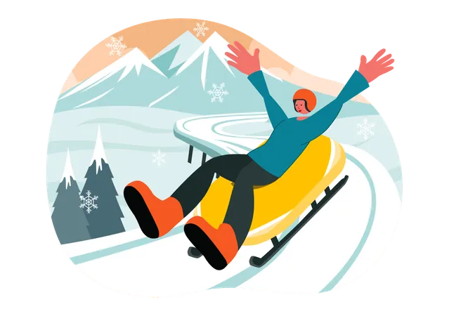 Un homme s'amuse en luge avec les mains ouvertes  Illustration