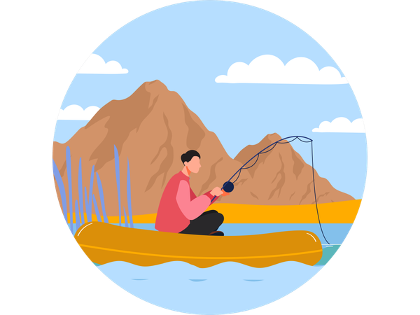 Un homme profite de la pêche en rivière  Illustration