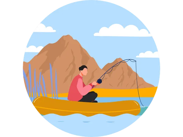 Un homme profite de la pêche en rivière  Illustration