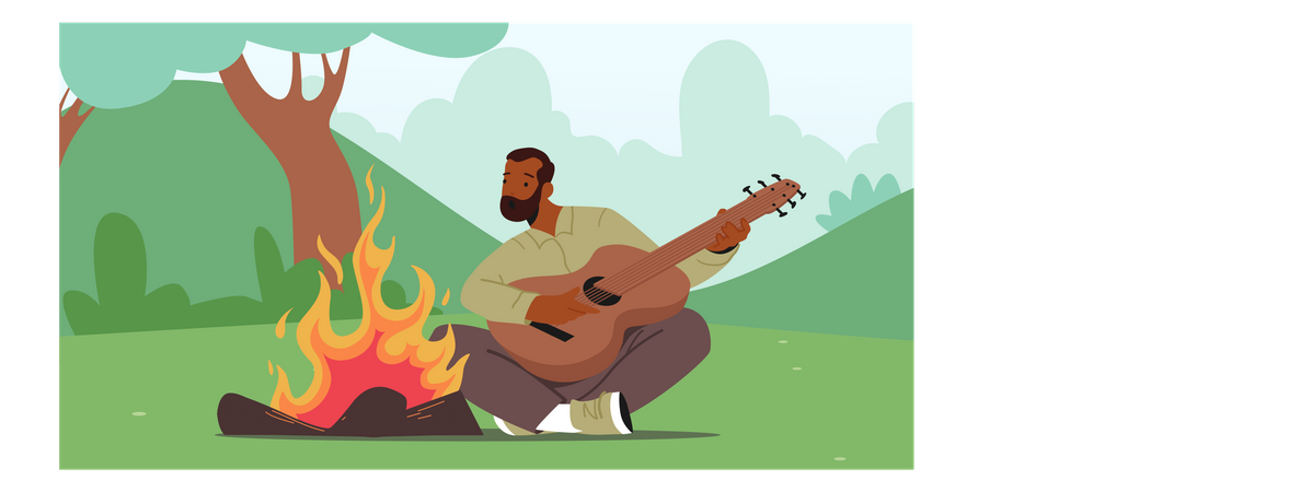 Homme appréciant le feu et jouant de la guitare  Illustration