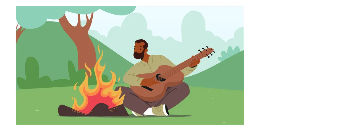 Homme appréciant le feu et jouant de la guitare  Illustration