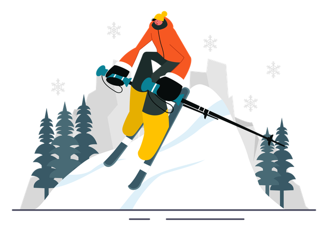 Un homme profite du ski en hiver  Illustration