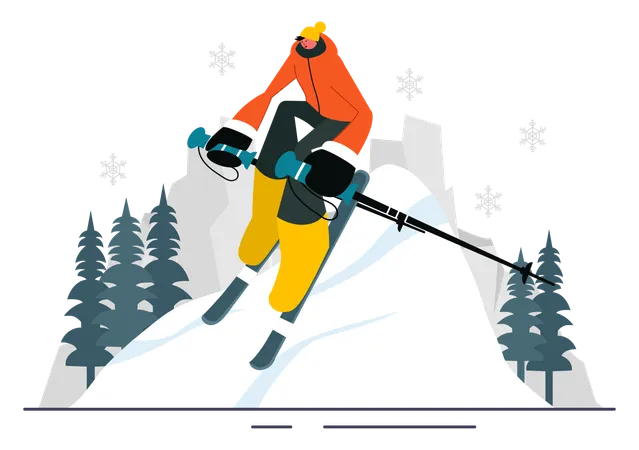 Un homme profite du ski en hiver  Illustration