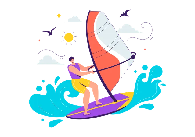 Homme appréciant le surf  Illustration