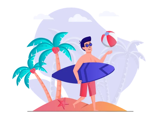 Homme appréciant le surf à la plage  Illustration