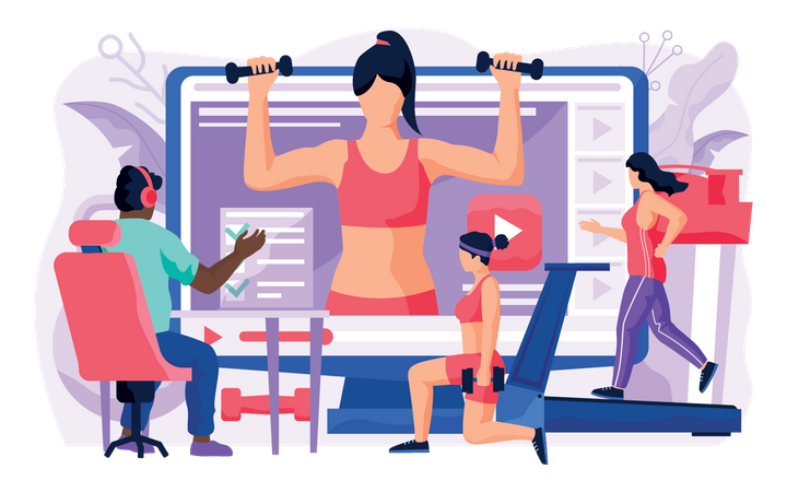 Homme apprenant en ligne à partir d'une vidéo de tutoriel de gym  Illustration