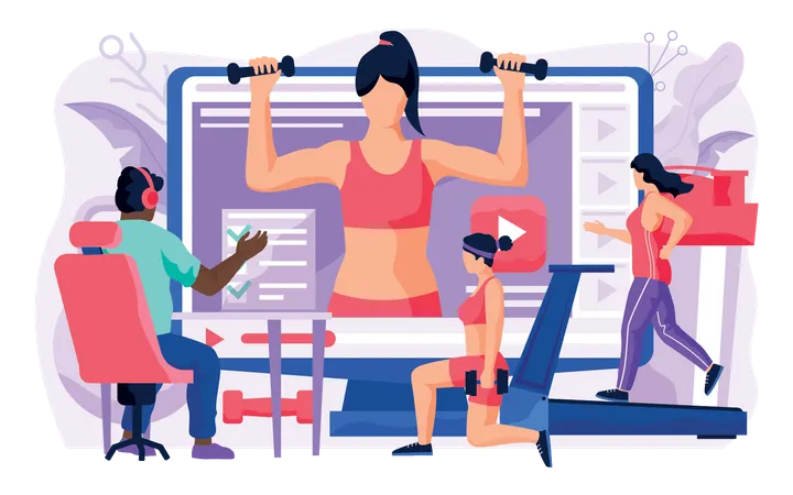 Homme apprenant en ligne à partir d'une vidéo de tutoriel de gym  Illustration