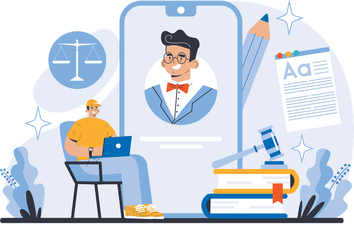 Homme apprenant le droit en ligne  Illustration