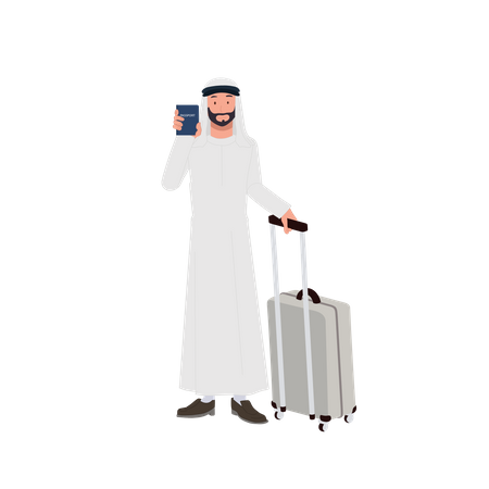 Homme arabe avec des bagages à l'aéroport montrant son passeport  Illustration