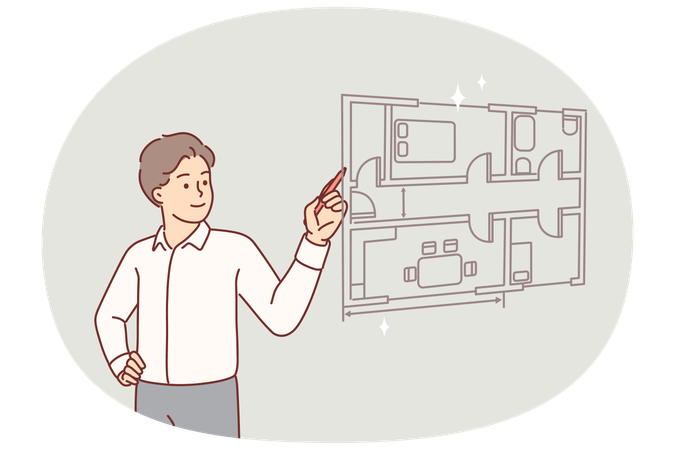 Un architecte dessine un plan de pièce pour un appartement sur un écran virtuel  Illustration