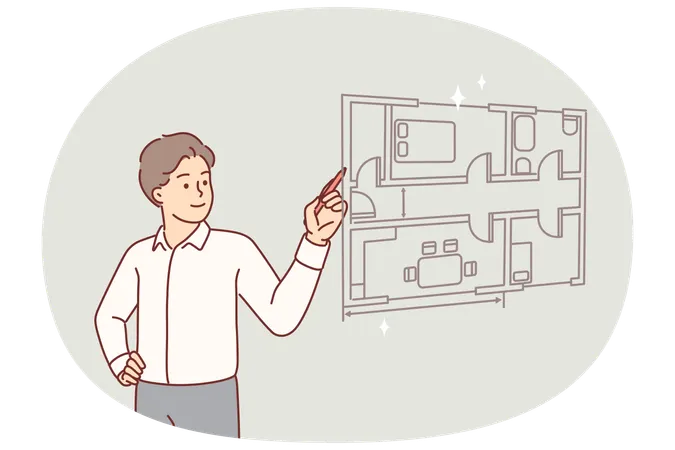 Un architecte dessine un plan de pièce pour un appartement sur un écran virtuel  Illustration