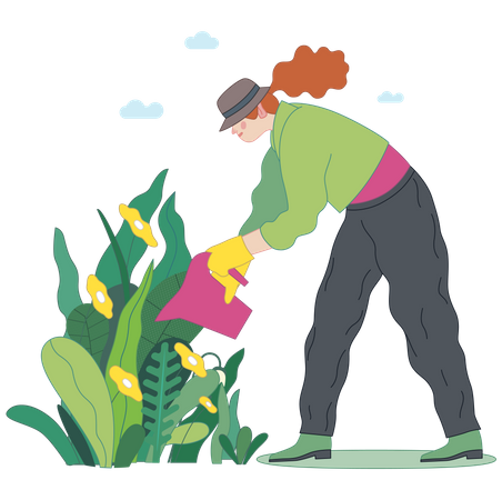 Femme arrosant une plante  Illustration