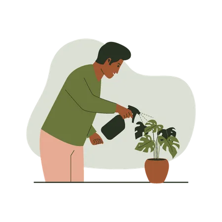 Homme arrosant des plantes en pots  Illustration