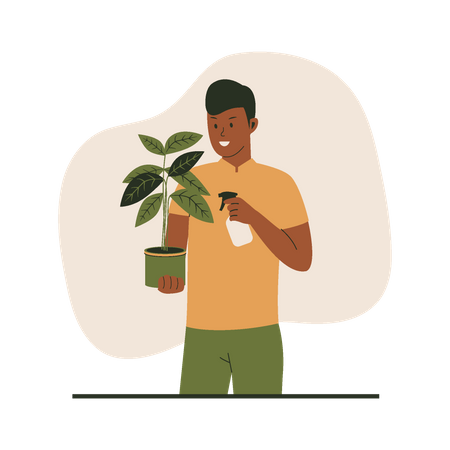 Homme arrosant des plantes en pots  Illustration
