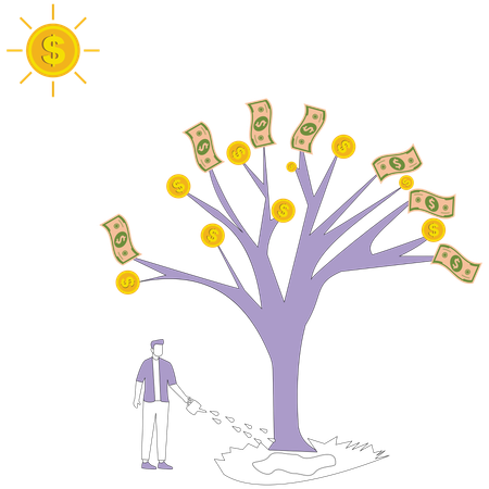 Un homme arrosant un arbre à argent  Illustration