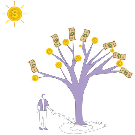 Un homme arrosant un arbre à argent  Illustration