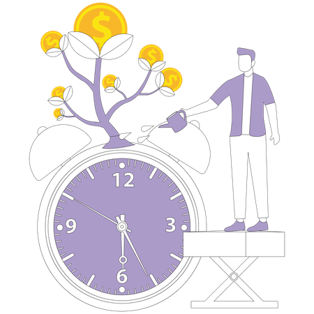 Un homme arrosant un arbre à argent sur des montres  Illustration