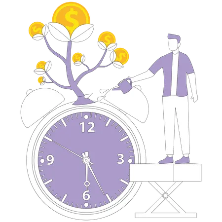 Un homme arrosant un arbre à argent sur des montres  Illustration