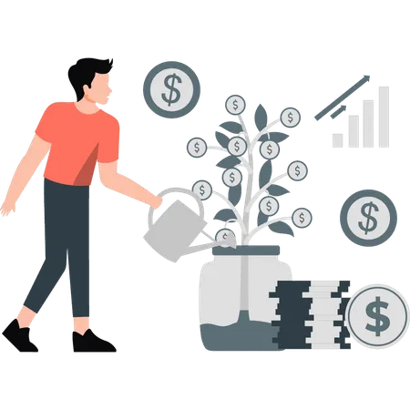 Homme arrosant un arbre à dollars  Illustration